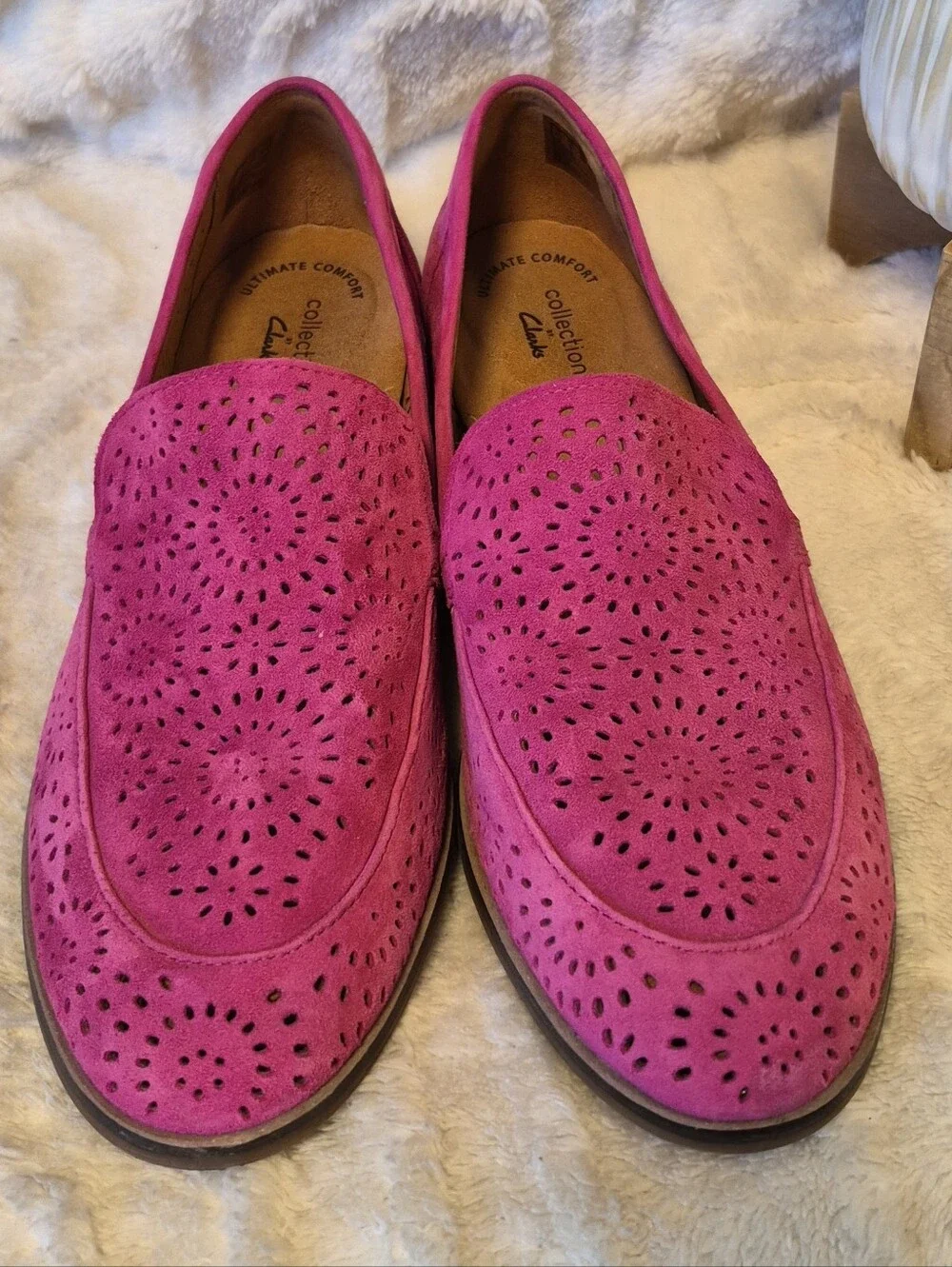 Clarks Magenta Suede Laser-Cut Loafers